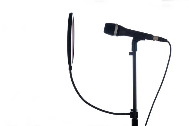 professional studio microphone with pop shield on a stand isolated on white background. nobody - voice over imagens e fotografias de stock