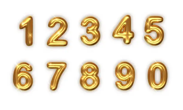 Vector illustration of Golden numbers set. Vector realistic 3d illustration. golden font number 1,2,3,4,5,6,7,8,9,0. Decoration for banner, cover, birthday or anniversary party invitation design.