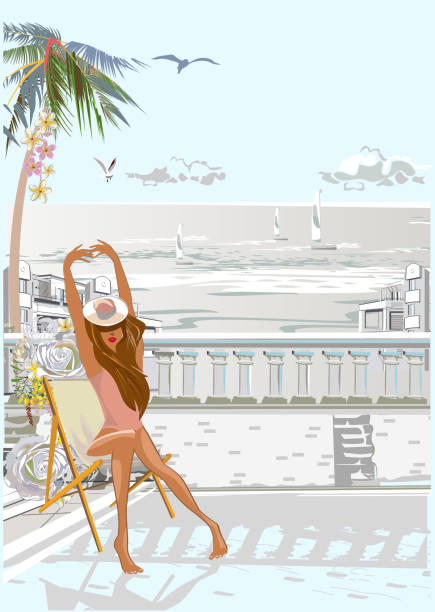 Series of tropical backgrounds with a fashion girl in summer. Series of tropical backgrounds with a fashion girl in a hammock. Sandy beach with palm trees and flowers. Hand drawn vector illustration. art deco miami stock illustrations