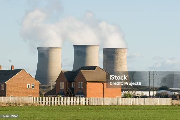 Power Station Near Homes Stock Photo - Download Image Now - Air Pollution, Building Exterior, Built Structure