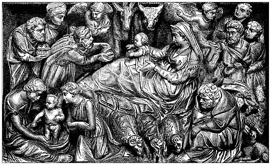 Antique illustration: Nativity bas relief, Pistoia