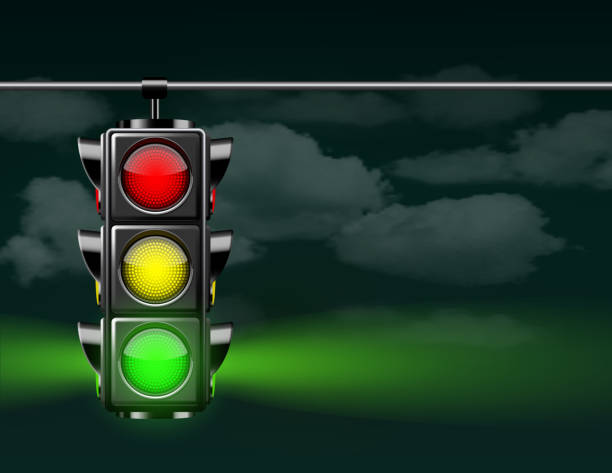 istock Realistic traffic lights with green lamp on, hanging in night sky. 1246150573