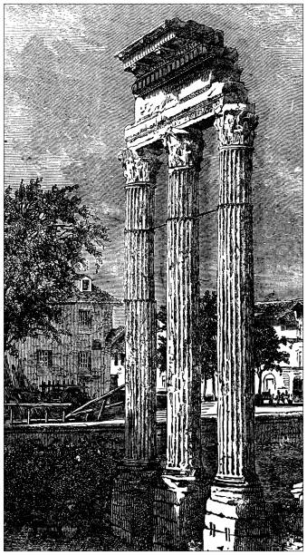 illustrations, cliparts, dessins animés et icônes de illustration antique : temple de castor et de pollux - ancient rome illustration and painting engraving engraved image