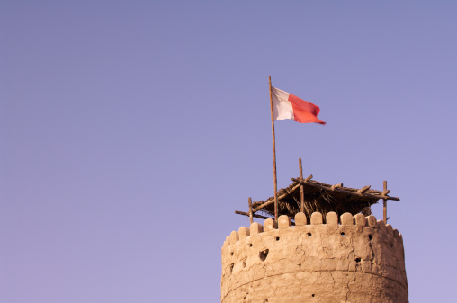 the detail of a watch tower of Al Fahidi Fort in bur dubai. dubai. United Arab Emirates. middle east.