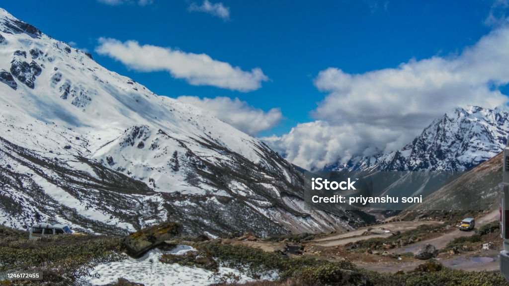 Yumthang valley, This is pic is from Sikkim, India. This are the snow capped mountains in the valley of yumthang, lachung, Sikkim, India. Adventure Stock Photo