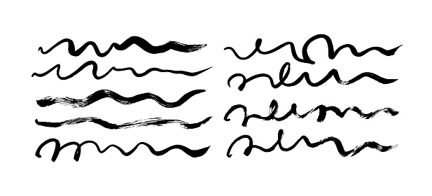 Black paint wavy brush strokes vector collection. Dirty curved lines and wavy brushstrokes. Ink illustration isolated on white background. Grunge smears collection with wavy, doodle, freehand lines.