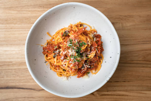 A Pasta/Spaghetti with shrimp - Italian food.