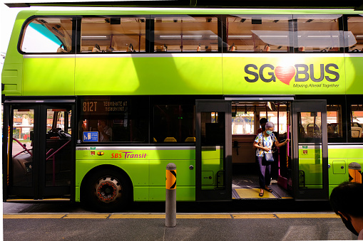 Madrid, Spain - June 22, 2023: Perfect trip inside a public transportation auto-bus, along the Gran Vía, in Madrid.