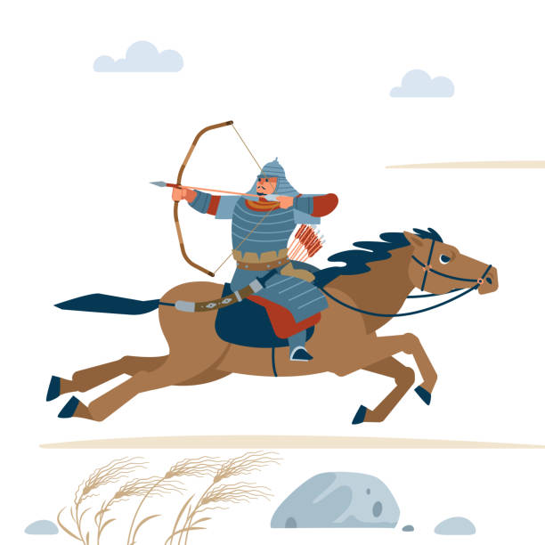 Central Asian Warrior with bow, Riding horse, isolated vector flat illustration. Central Asian Warrior with bow, Riding horse, isolated vector flat illustration pony independent mongolia horse animal stock illustrations