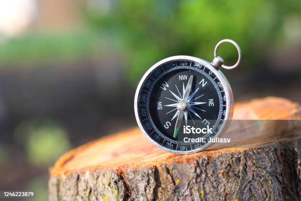 Classic Compass On Natural Background Stock Photo - Download Image Now - Navigational Compass, Forest, Guidance