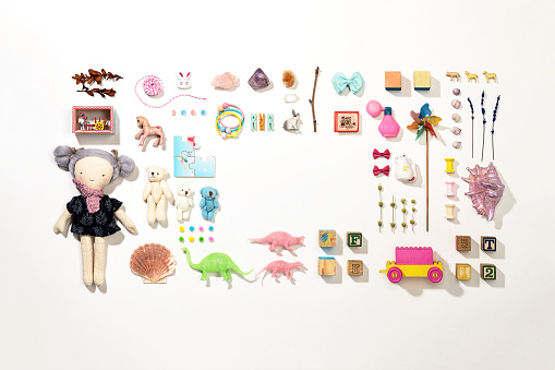 Set of colorful vintage toys on white background