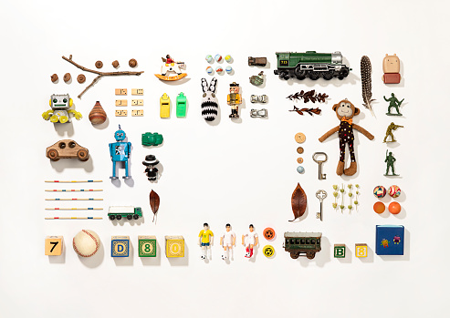 Set of colorful vintage toys on white background