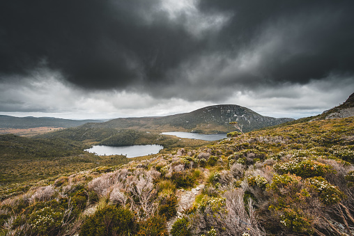 Aerial view showing a lake surrounded by rugged landscape seen from top of the Cradle Mountain in Tasmania, Australia.