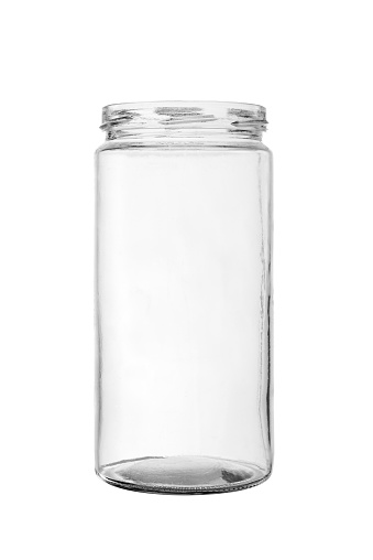 Open empty glass jar without a lid, isolated on a white background.