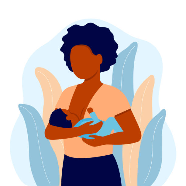 stockillustraties, clipart, cartoons en iconen met het voeden, zwarte moeder die pasgeboren baby met borst in handen voedt. de jongen van het kind drinkt melk van de vrouwelijke borst. borstvoeding, gelukkige moederdag. lactatie. vectorillustratie - jongen peuter eten
