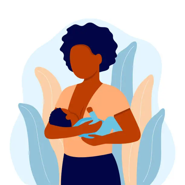 Vector illustration of Breastfeeding, black mother feeding newborn baby with breast in hands. Child boy drinks milk from the female breast. Breast feeding, happy mother day. Lactation. Vector illustration