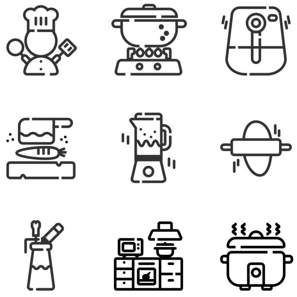 Icon set of electric kitchen equipments and chef symbol, spinner, air fryer, bread maker, cutting plate and knife, espuma Icon set of electric kitchen equipments and chef symbol, spinner, air fryer, bread maker, cutting plate and knife, espuma chef cooking flames stock illustrations