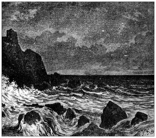 ilustrações, clipart, desenhos animados e ícones de ilustração antiga: penhasco escocês à noite - illustration and painting beach engraved image engraving