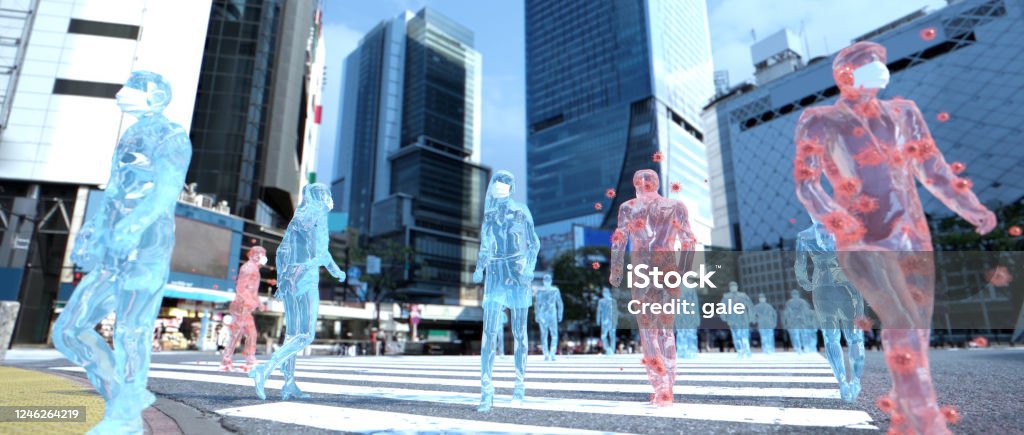渋谷のスクランブル交差点でマスクを持って歩くガラス人間。 - 3D画像のロイヤリティフリーストックフォト