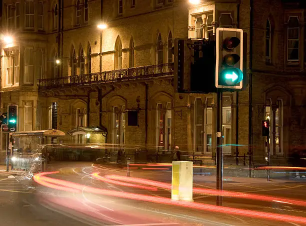 Night traffic through the city centre.