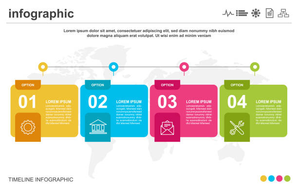 Infographic Timeline infographic, icon, business, world map, timeline timeline infographic stock illustrations