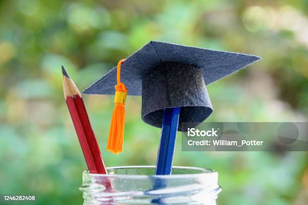 Black Graduation Cap Or A Mortarboard Blue And Red Pencils In A Bottle Stock Photo - Download Image Now