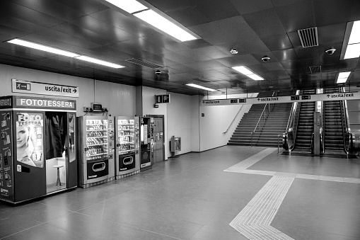 Rome, Italy, May 16 -- The modern interiors of a station in the line B of the subway in Rome. Composed of three lines for a total of 54 km and 73 stops, 60 of which underground, the Rome subway network is the second largest in Italy, after the Milan underground in the north of the country.