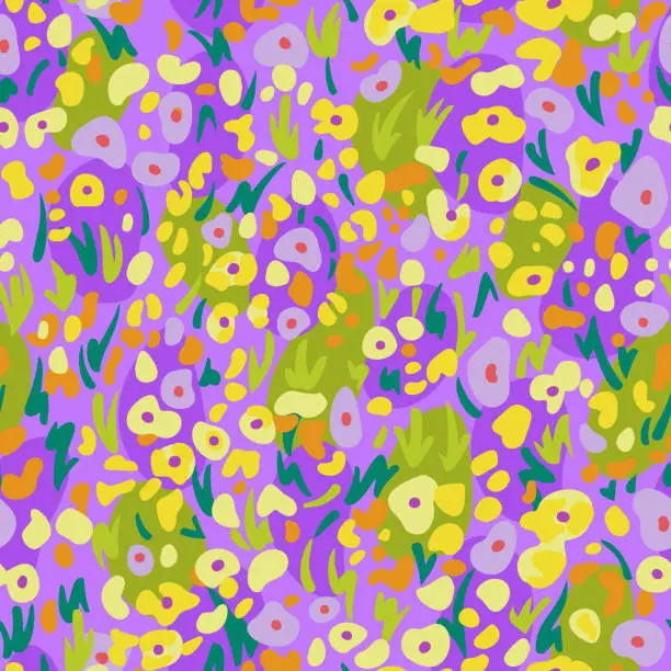 Vector illustration of Vector organic abstract shapes background. Summer seamless pattern made of decorative flowers and plants. Simple geometric doodle elements. Trendy flat style for fashion design, textile and fabric.