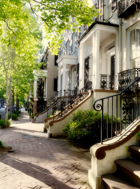 Historic Homes in a row, historic district in downtown Savannah, USA.