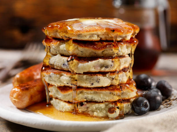Mini Blueberry Pancakes with Maple Syrup and Sausages