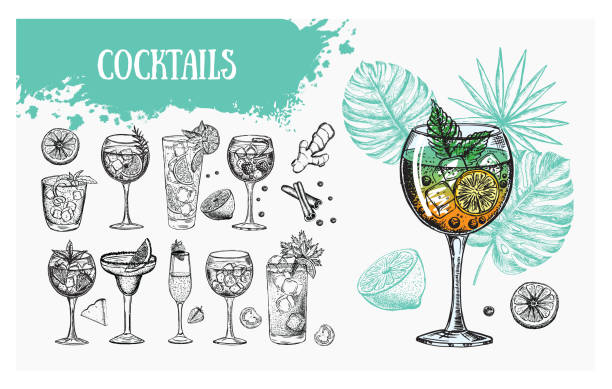 ilustraciones, imágenes clip art, dibujos animados e iconos de stock de plantilla de diseño de menú de cócteles. cócteles alcohólicos dibujados a mano. - ginebra