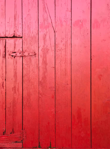 Detail view of a rustic red barn exterior, showing a detail of a freshly painted door and wall coated with red paint. A building exterior background texture featuring barn door hinge details.