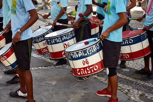 Brazilian street samba band in the historic center of Salvador, Bahia, Brazil.