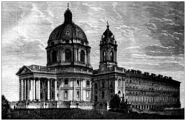 illustrazioni stock, clip art, cartoni animati e icone di tendenza di antique illustration: basilica di superga, torino - torino