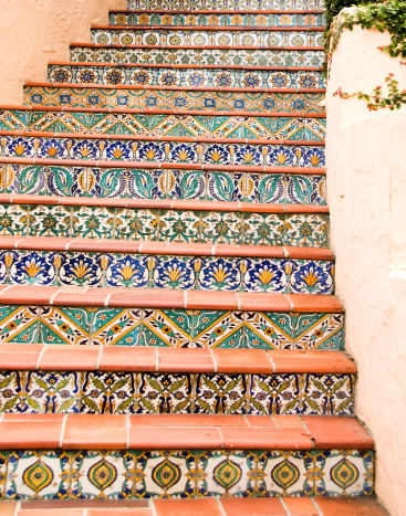 background of stairs with colorful ceramic mosaic, shallow depth of field