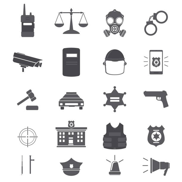 Police Force Law Justice Icon Set - Black Silhouette Vector Illustration Sign Symbol Law Enforcement Concepts. radio silhouettes stock illustrations