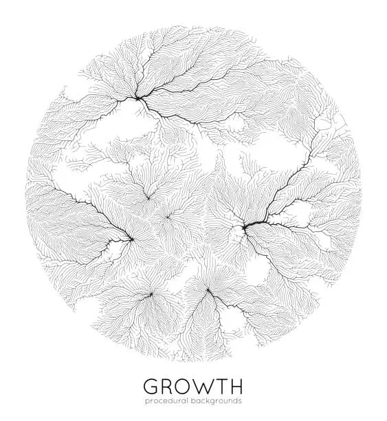 Vector illustration of Vector generative branch growth pattern. Round texture. Lichen like organic structure with veins. Monocrome square biological net of vessels.