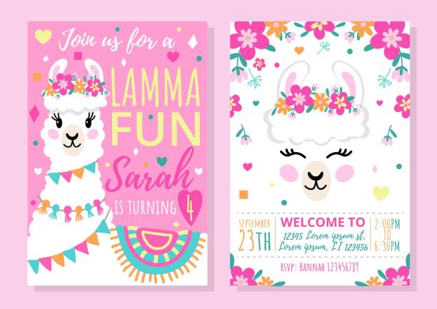 Llama party invitation template with colourful design Llama party invitation template with colourful design vector illustration. Bright decorations for event flat style. Happy birthday celebration concept. Isolated on pink background llama stock illustrations