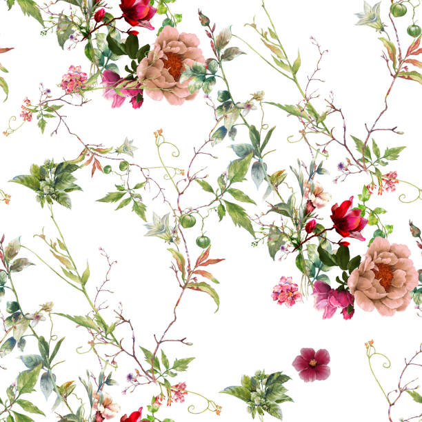 istock Watercolor painting of leaf and flowers, seamless pattern on white background 1246370146