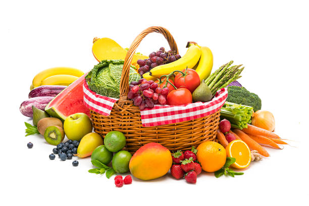 istock Fruits and vegetables in a basket isolated on white background 1246383172