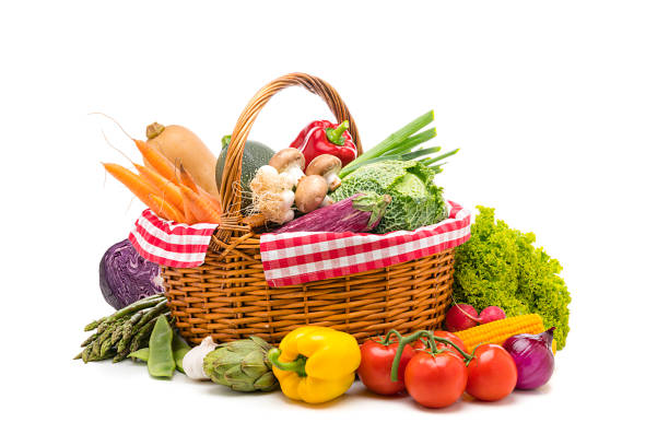 istock Healthy fresh organic vegetables in a basket isolated on white background 1246383427