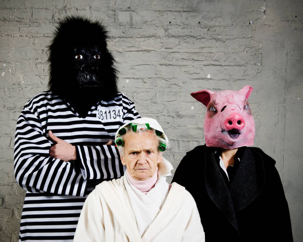 Man and Women in Gorilla, Pig costume or Old Lady Man in Gorilla costume, Women in Pig costume or Old Women in dressing gown. Standing against the wall in guilty poses. grandmother real people front view head and shoulders stock pictures, royalty-free photos & images