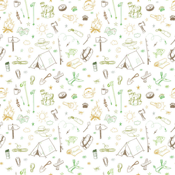 Hand drawn doodle camping vector elements seamless pattern with bonfire, adventure, hiking and touristic equipment Hand drawn doodle camping vector elements seamless pattern with bonfire, adventure, hiking and touristic equipment adventure designs stock illustrations