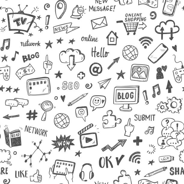 social media szkic wektor bezszwowy wzór doodle. - social media smart phone technology symbol stock illustrations