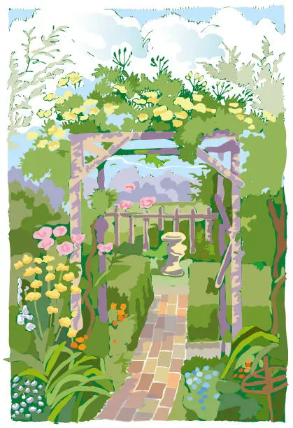 Vector illustration of Cottage garden vector illustration