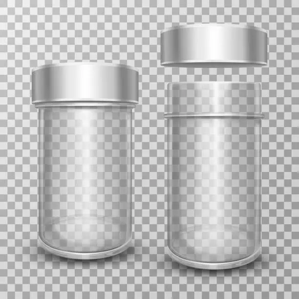 Vector illustration of Realistic empty glass jars with silver metal lids