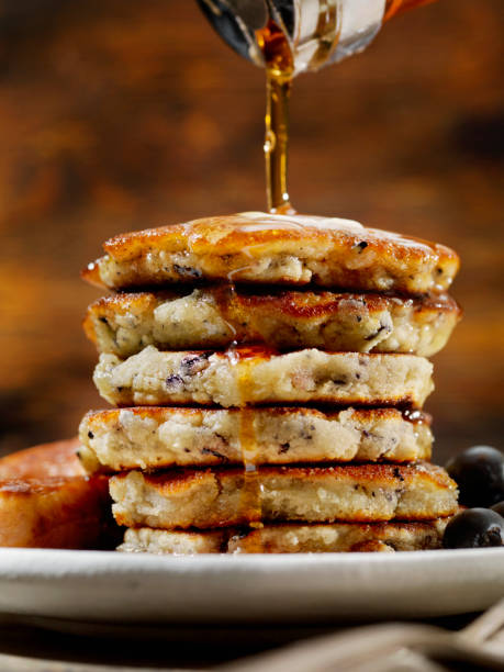 Mini Blueberry Pancakes with Maple Syrup and Sausages