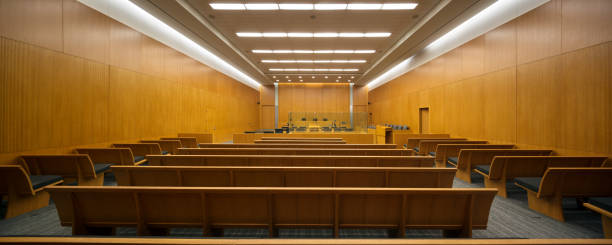 Panaramic view from the back of a courtroom stock photo