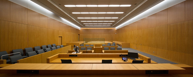 Wide angle panoramic view of a new courtroom from the Bench
