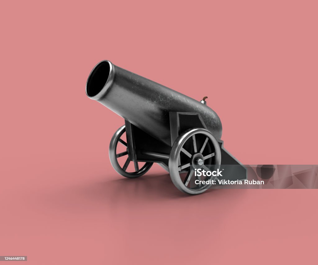 Ancient cannon. 3d Illustration of vintage cannon on a pink background. Medieval weapons for your design Cannon - Artillery Stock Photo